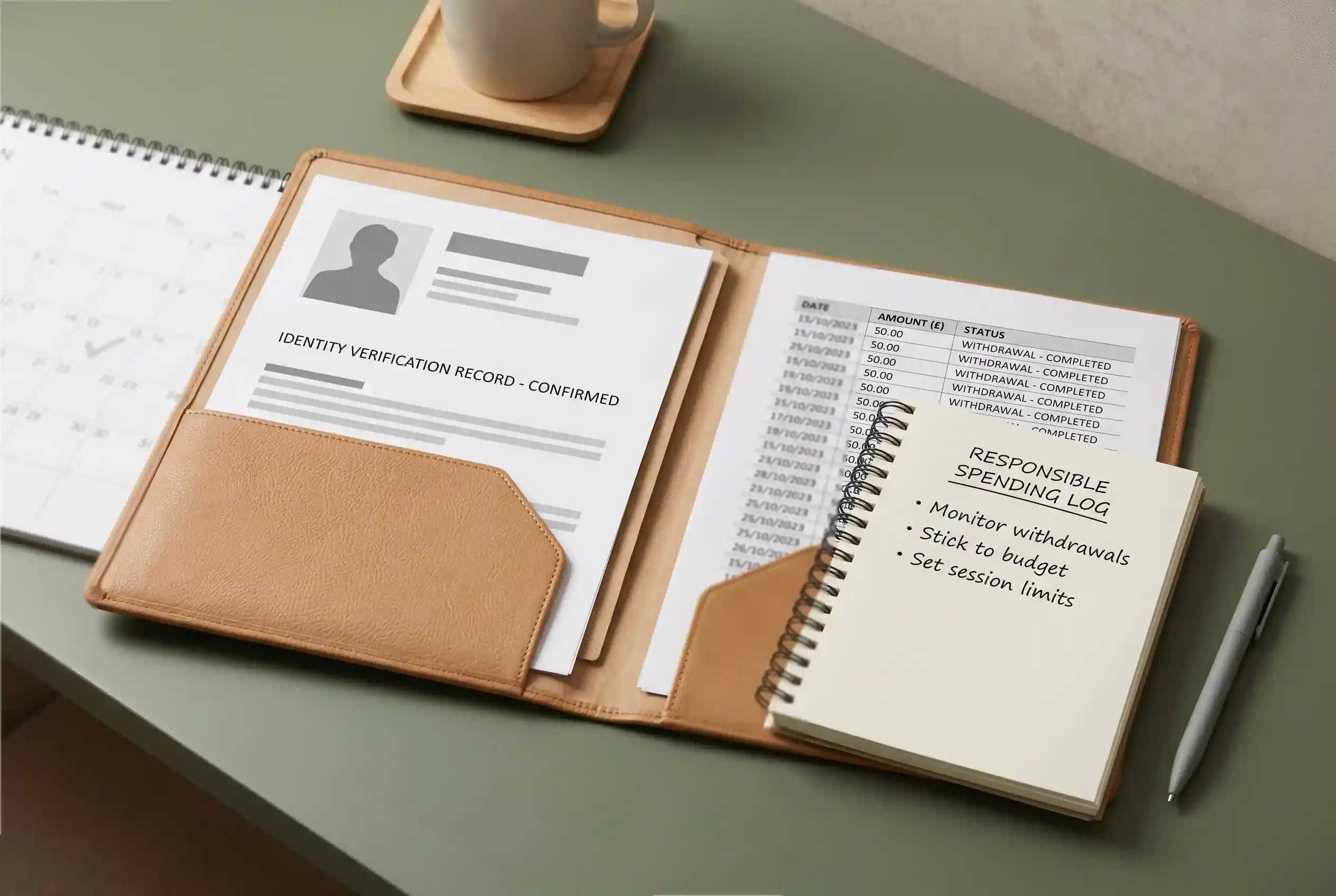 Organised folder with identity documents, transaction notes and withdrawal checklist