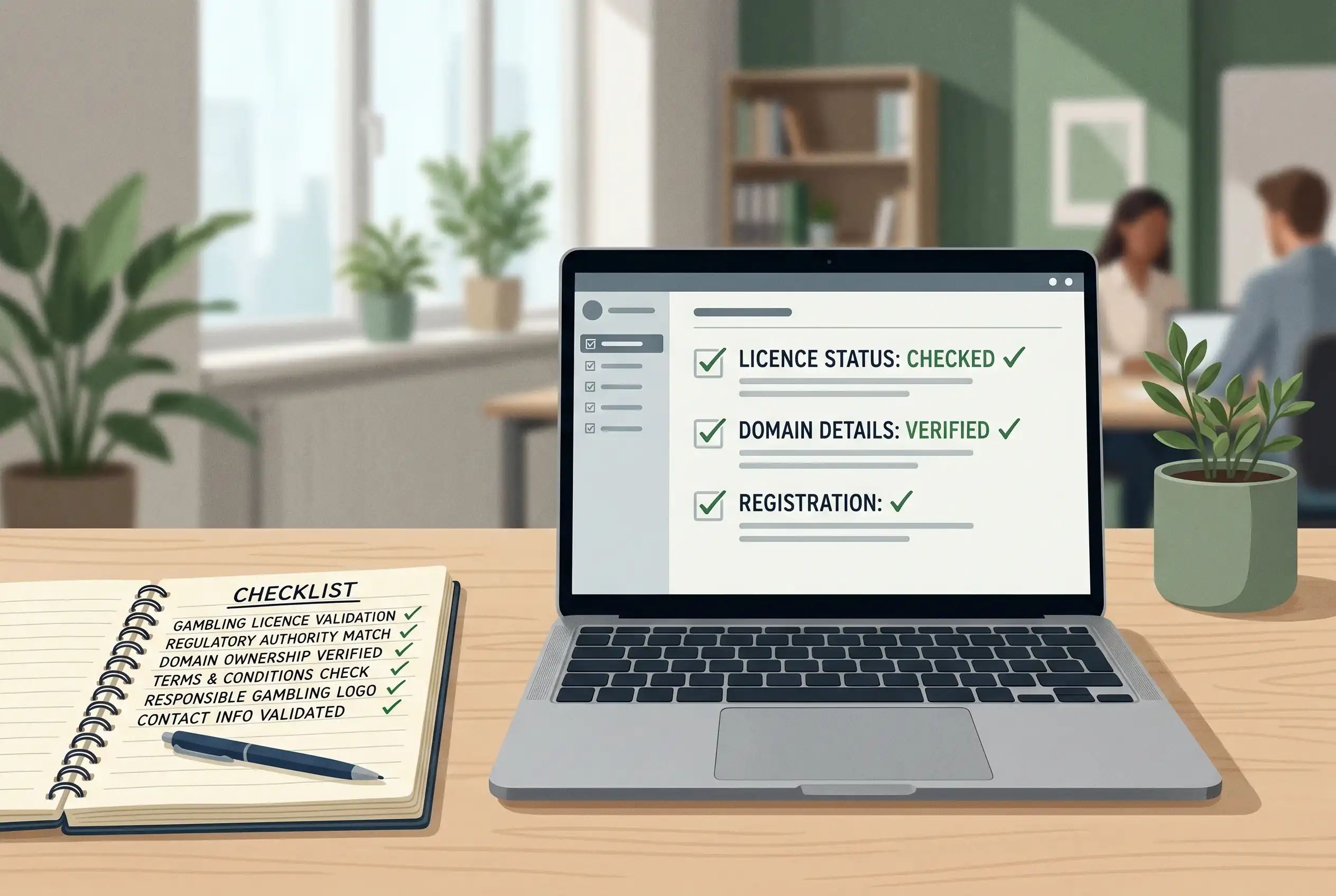Laptop showing an official register style checklist beside a notebook of gambling site details